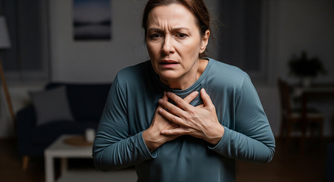 Mujer de mediana edad se agarra el pecho, ataque al coraz&oacute;n. Ataque de p&aacute;nico en casa - Disease heart
