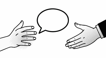Hands reaching out with speech bubble representing communication and dialogue.