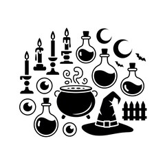 Collection of vintage laboratory glass beakers flasks and vials isolated on transparent background