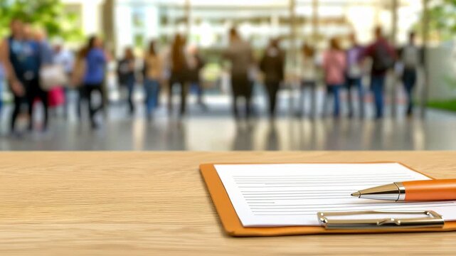 Sign up form clipboard with pen and paperwork wooden desk, blurred crowd background, registration for business office document paper education