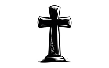 Rough sketch of a christian cross with a textured stone base isolated on transparent background