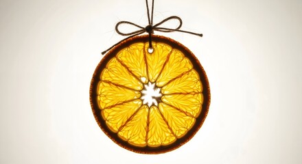 Dried orange slice with ribbon hanging on light background  