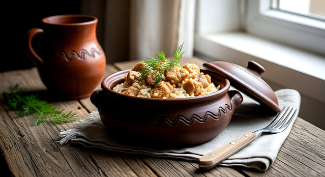 Still life, Rustic farmhouse style of Bulgarian zelevi sarmi with pork and rice, in a hand-thrown clay pot with a sprig of fresh dill 