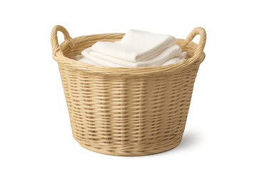 Wicker laundry basket filled with clean folded white textiles, representing household chores and daily routine on transparent background
