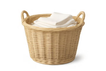 Wicker laundry basket filled with clean folded white textiles, representing household chores and daily routine on transparent background