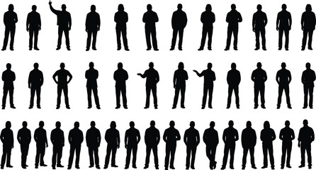 Large set of men silhocollection.Large set of men silhouettes standing in various poses, male characters vector illustration isolated on white, casual people collection.