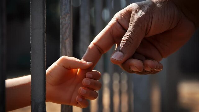 Child's hand holding a parent's finger through prison bars