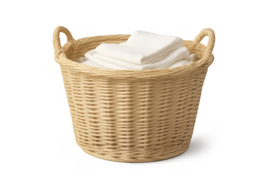Wicker laundry basket filled with clean folded white textiles, representing household chores and daily routine on transparent background