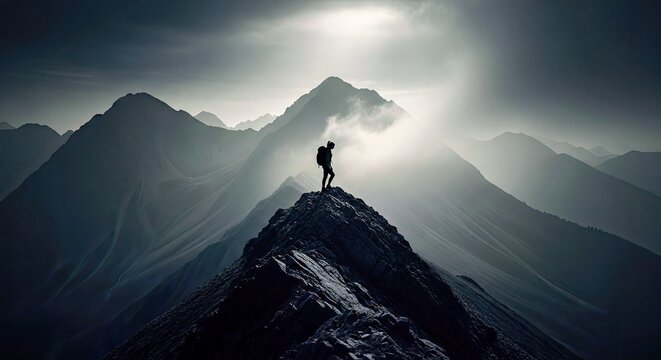 Silhouetted Hiker on Mountain Peak at Dusk With Approaching Storm