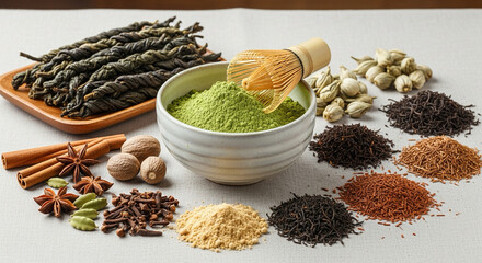 collection of global tea varieties (matcha, chai spices, oolong leaves) arranged in harmony