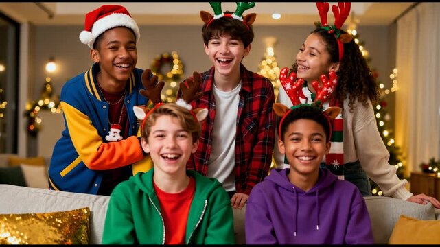 A cheerful group of kids wearing Christmas headbands and Santa hats, laughing together in a festive living room with Christmas lights and decorations. Warm, joyful holiday atmosphere full of energy an