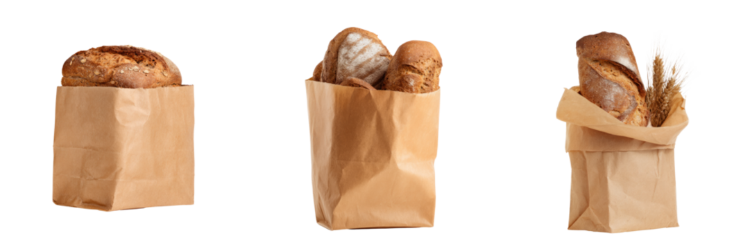 Freshly baked bread in paper bags studio setting food photography transparent background