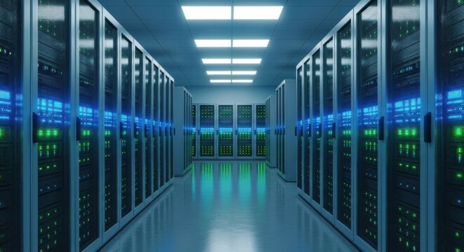 A long, dimly lit corridor lined with server racks, glowing with blue and green lights, suggesting a data center or server room