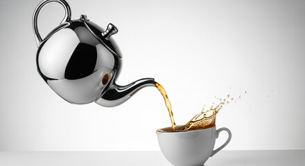teapot pouring tea mid-air into a cup, splash frozen in time, clean background