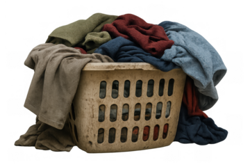 Laundry basket overflowing with dirty clothes, household chores pile, textile washing concept on transparent background