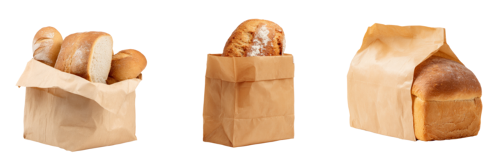 Fresh baked bread in paper bags studio setup food photography transparent background