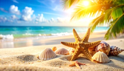 Starfish and shells rest on warm sand beneath palm trees with a blue ocean and sunny sky backdrop