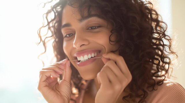 Happy young woman with curly hair flossing her teeth in the morning light