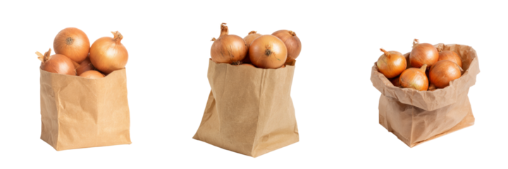 Fresh onions in brown paper bags with transparent background grocery store food photography