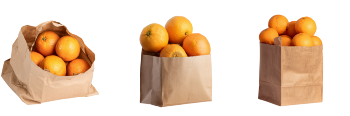 Fresh oranges in brown paper bags transparent background studio shot bright environment