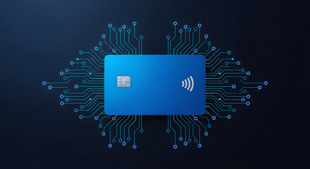 Blue Credit Card on Abstract Digital Circuit Board and Microchip Technology Background Concept of Secure Contactless Payment, FinTech Innovation, and Electronic Money Transfers