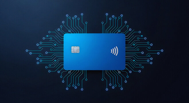 Blue Credit Card on Abstract Digital Circuit Board and Microchip Technology Background Concept of Secure Contactless Payment, FinTech Innovation, and Electronic Money Transfers - Powered by Adobe