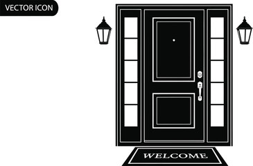 Elegant front door with sidelights and welcome mat, vector icon