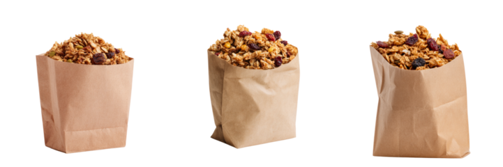 Delicious granola snacks in paper bags transparent background for food photography studio setting