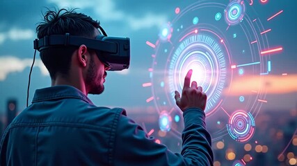 Immersive virtual reality interaction with futuristic holographic interface at sunset - Powered by Adobe