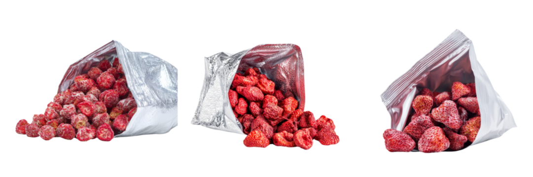 Frozen strawberries in clear packaging transparent background product photography