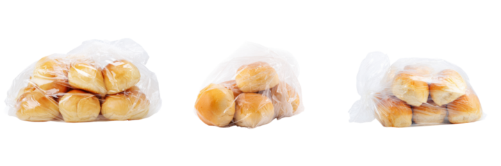 Freshly baked bread rolls in clear bag food photography transparent background studio shot