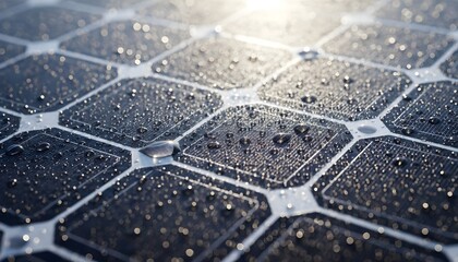 Close-up of wet solar panel surface with water droplets glistening in sunlight after rain
