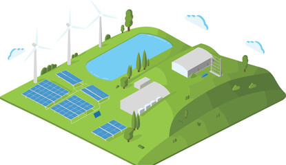 Isometric 3D illustration of sustainable energy landscape with solar panels, wind turbines, water reservoir, and eco-friendly green power station