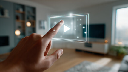 Hand Touching a Holographic Play Button Interface in a Smart Home Environment