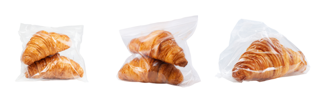 Delicious croissants in clear packaging bakery setting food photography with transparent background
