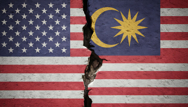 A cracked wall showing the united states flag and the malaysian flag on either side of the crack