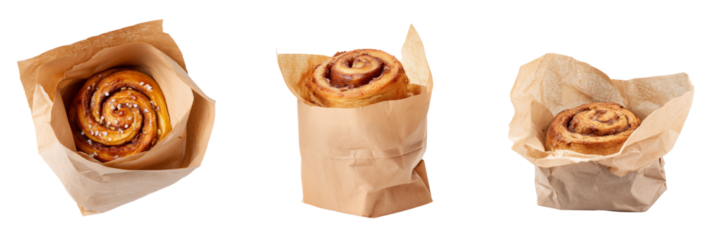 Delicious cinnamon rolls in paper bags bakery display transparent background studio shot