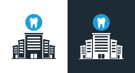 Fototapeta premium Dental clinic building with tooth icon - Vector icon symbol for website - Icon vector - Blue icon vector - Line and glyph solid icon and logo template