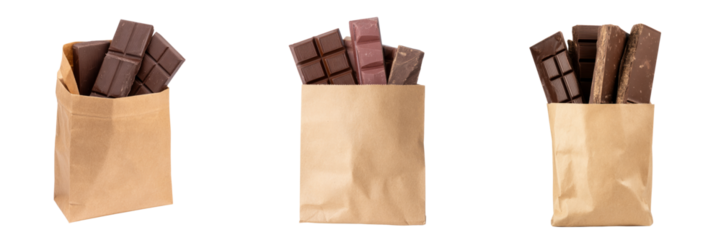Delicious chocolate bars in brown bag transparent background studio setting high angle