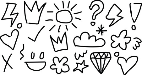 hand drawn set of arrow, cloud, flower, diamond doodle design on a white background