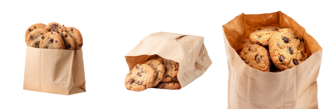 Freshly baked chocolate chip cookies in paper bag transparent background food photography - Powered by Adobe