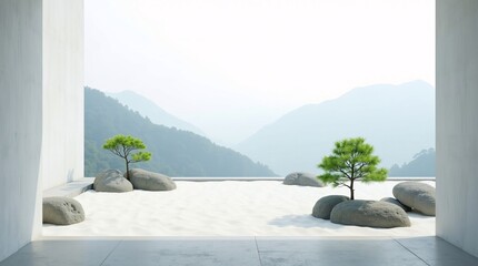 A minimalist Zen garden with white sand, rocks, small trees, and a misty mountain view through white walls.
