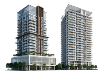 Two modern residential high-rise apartment buildings with balconies and glass facades isolated on a transparent background