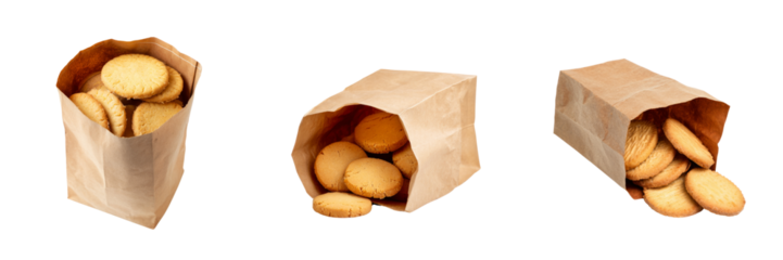 Delicious cookies in a paper bag with transparent background studio setting close-up view
