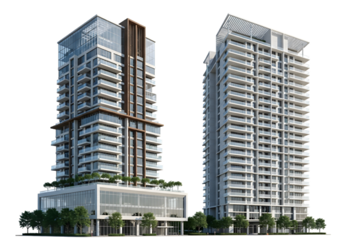 Two modern residential high-rise apartment buildings with balconies and glass facades isolated on a transparent background