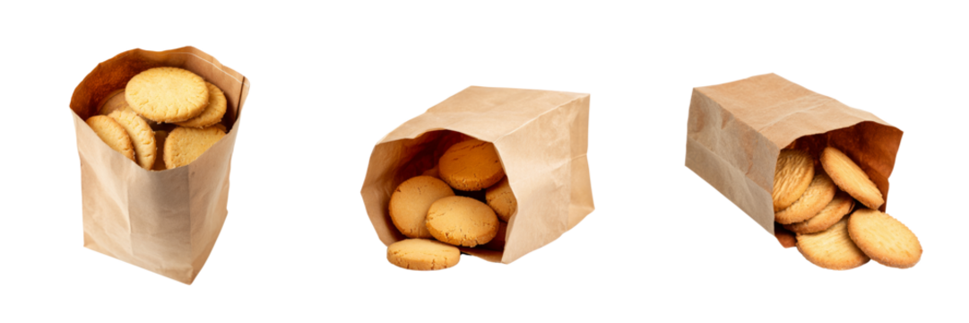 Delicious cookies in a paper bag with transparent background studio setting close-up view
