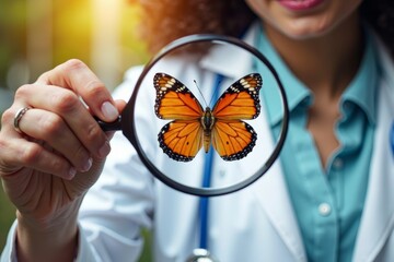 Close-up of doctor examining colorful butterfly wings with magnifying glass.