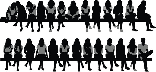 Silhouettes of diverse people sittinen and women waiting in a row, vector illustration isolated on white background.