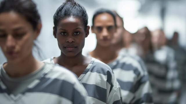 Diverse group of female inmates in striped uniforms standing in line