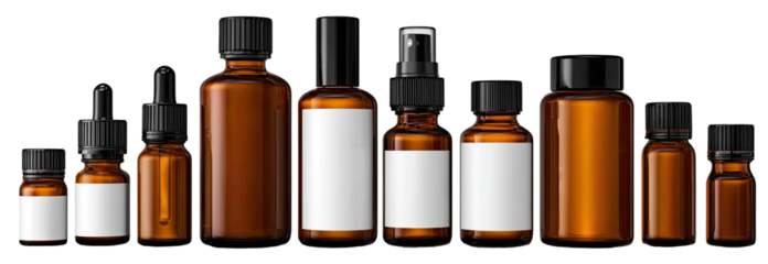 Various amber glass bottles with black lids and blank labels